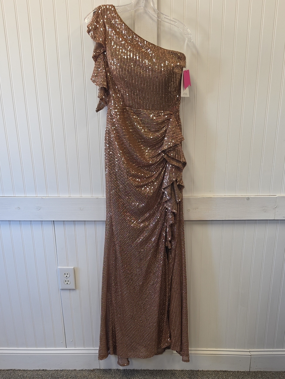 VIP Design Cocoa Brown Micro Sequin Evening One-Shoulder Maxi Gown Dress Size 8
